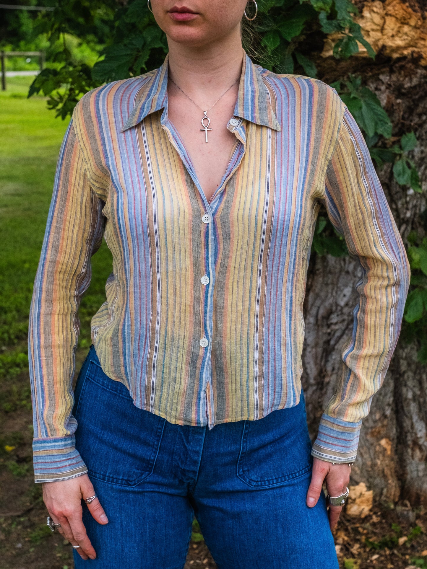 Vintage 1980s Agnés B. Paris Pastel Striped Gauze Blouse | S/M