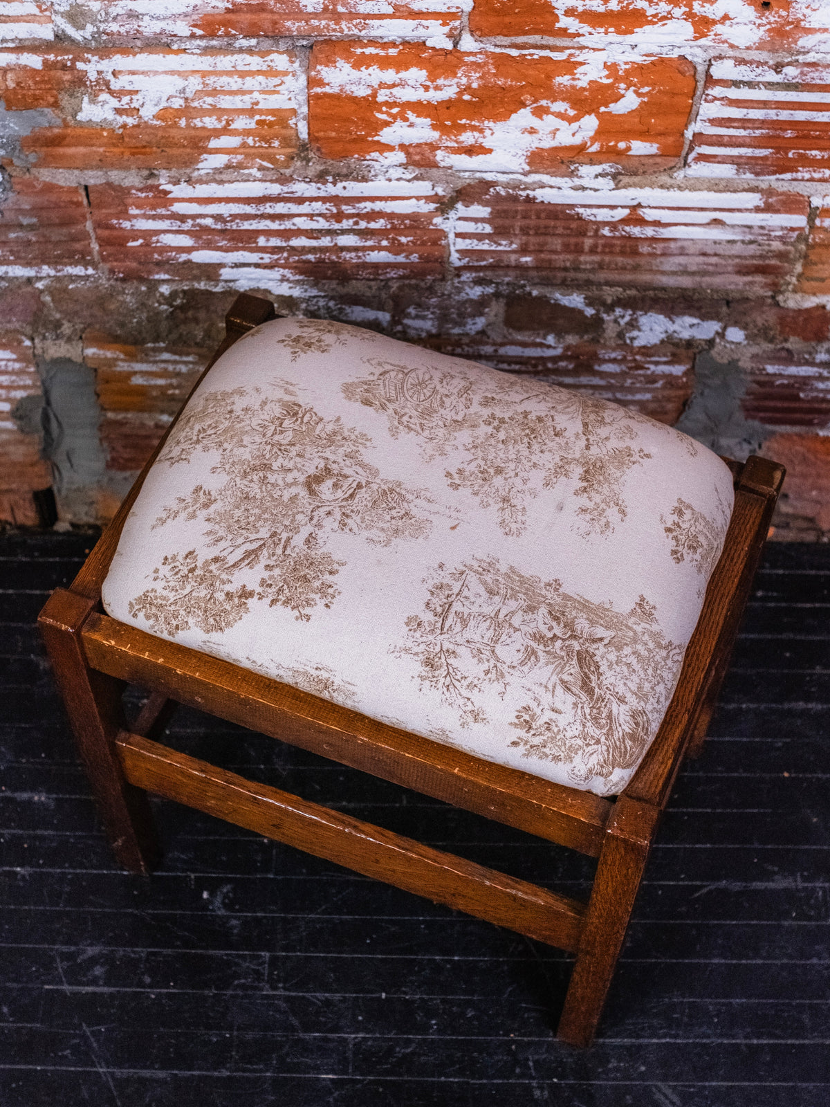 Antique Mission-Style Wood Toile Pattern Upholstered Footstool