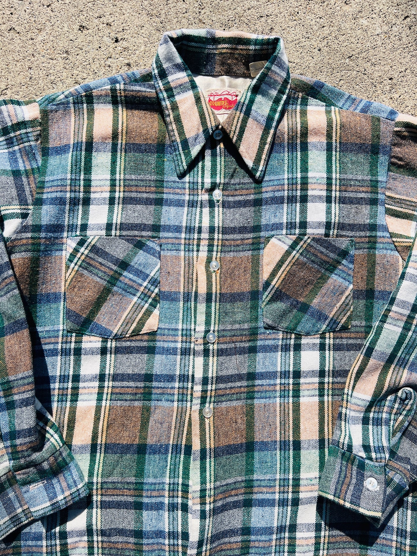 Vintage 1970s Country Squire Plaid Woven Acrylic Button-Up Shirt | Large