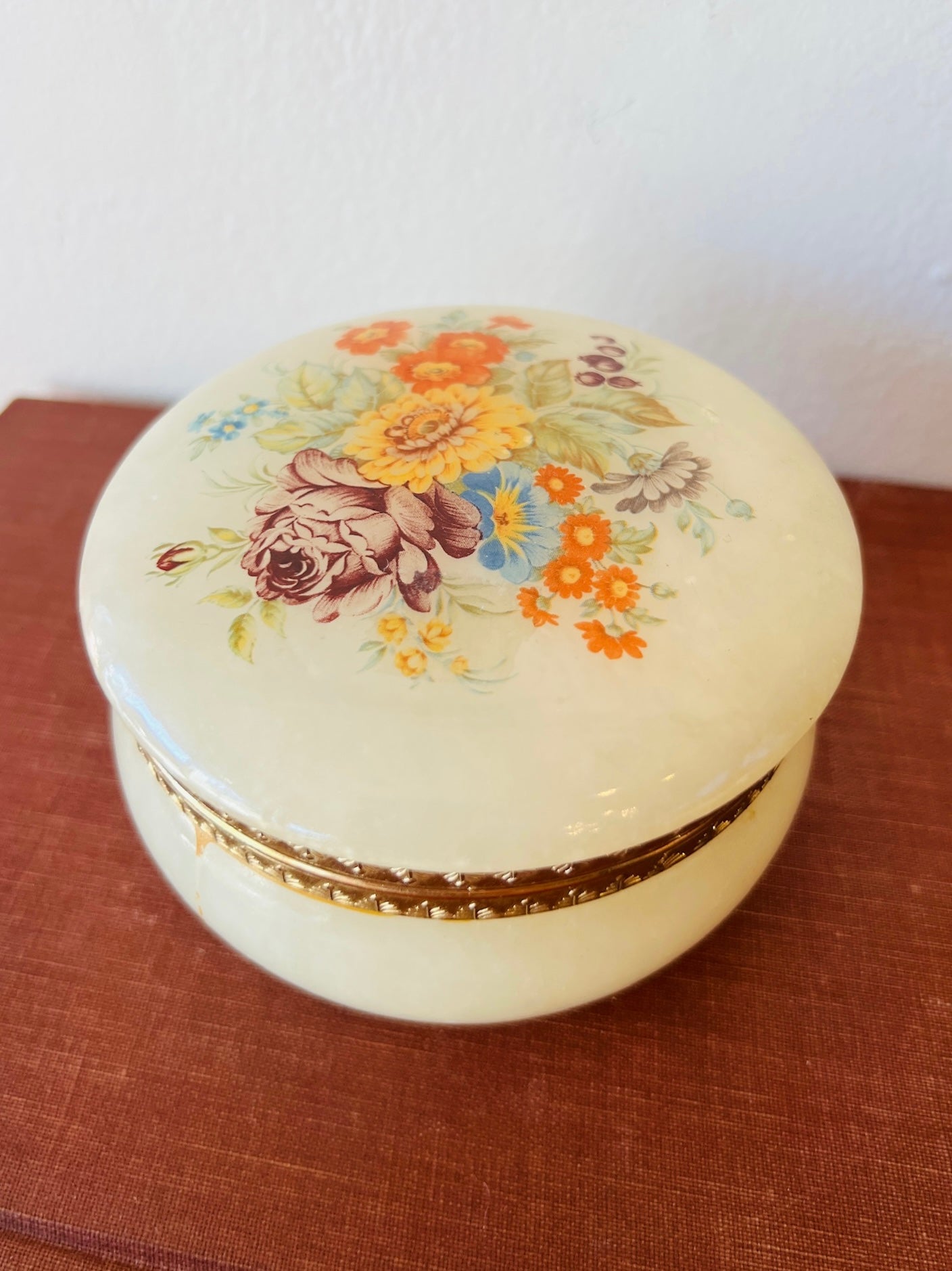 Vintage 1960s Italian Alabaster Floral Jewelry Box