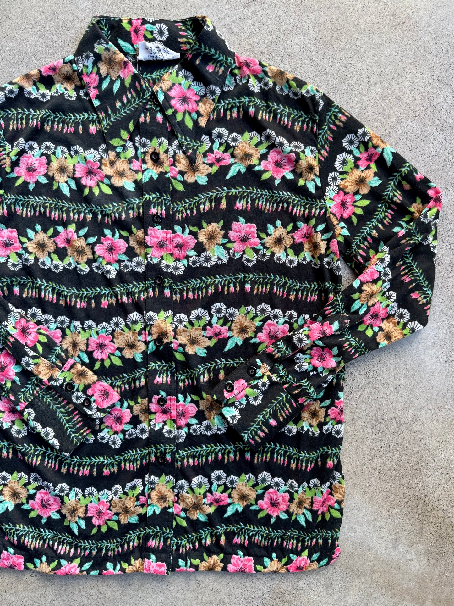 Vintage 1970s Kmart Floral Print Polyester Knit Button-Up Shirt | 36
