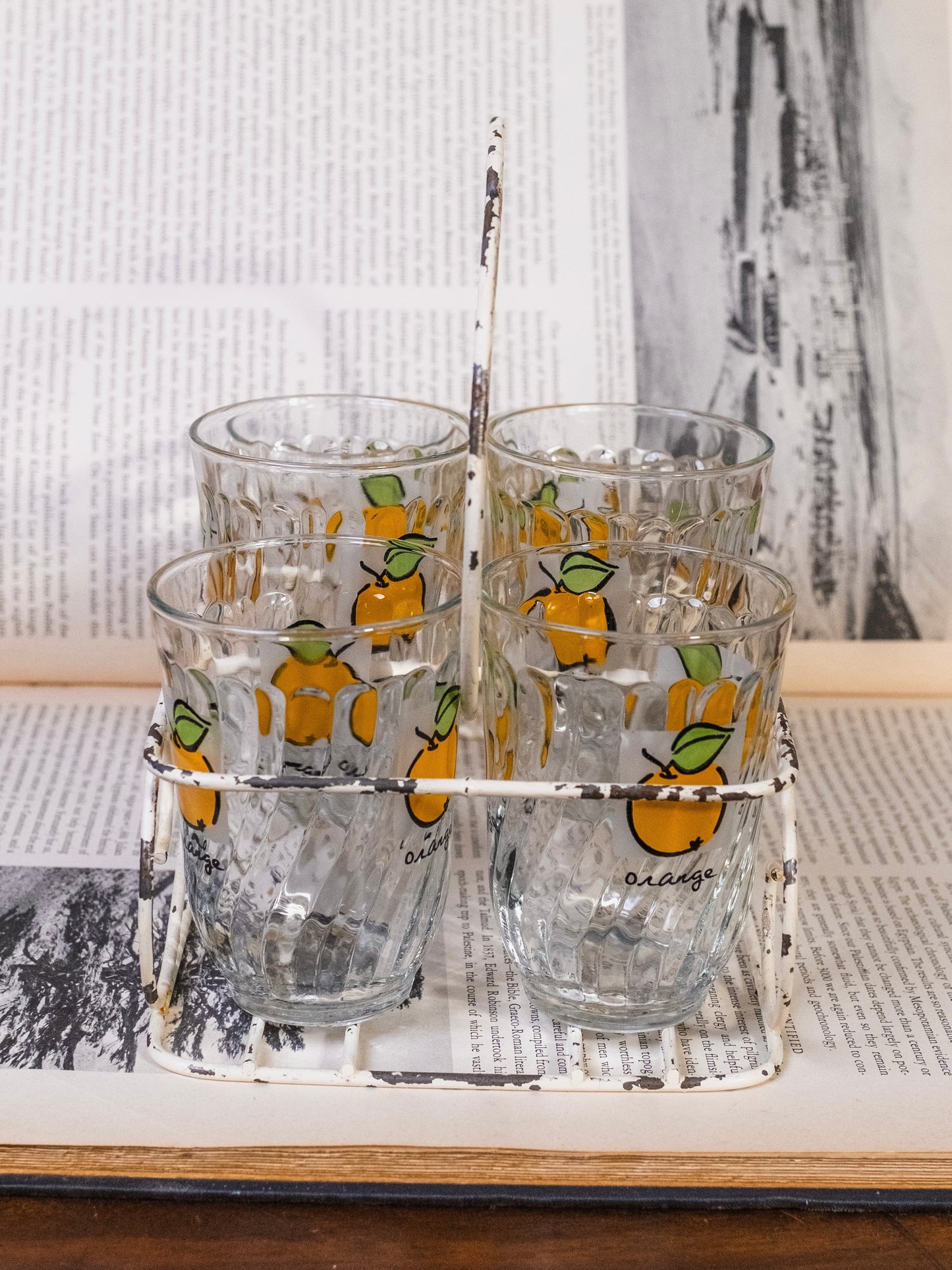 Vintage 1970s Firna Indonesia “Orange” Juice Glasses w/ Caddy | Set of 6