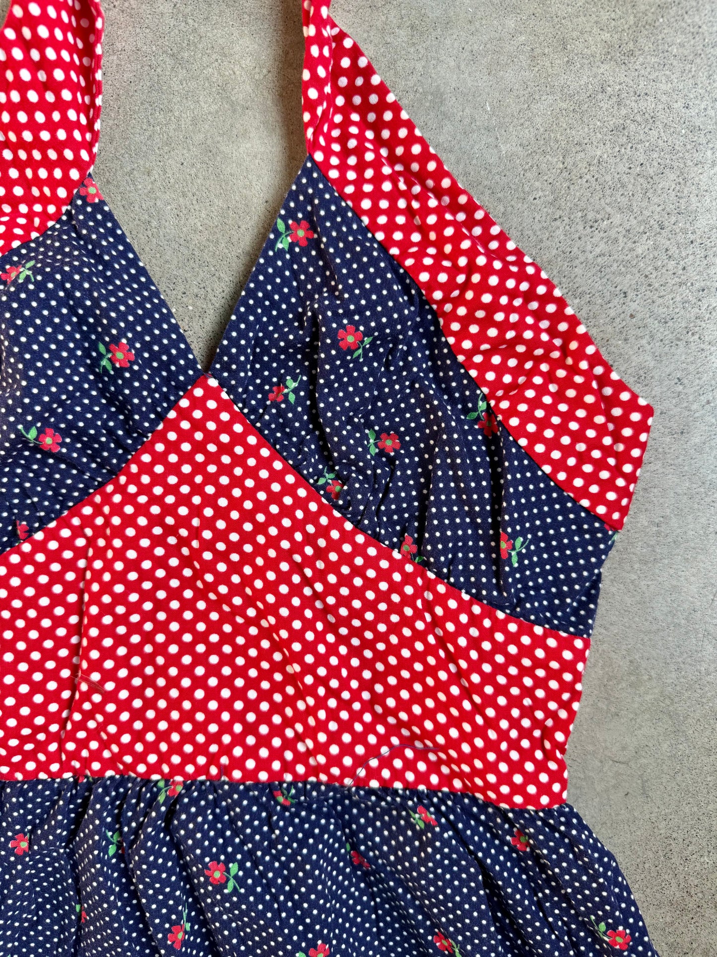 Vintage 1970s Red & Navy Polka Dot Floral Print Halter Maxi Dress | XS/S