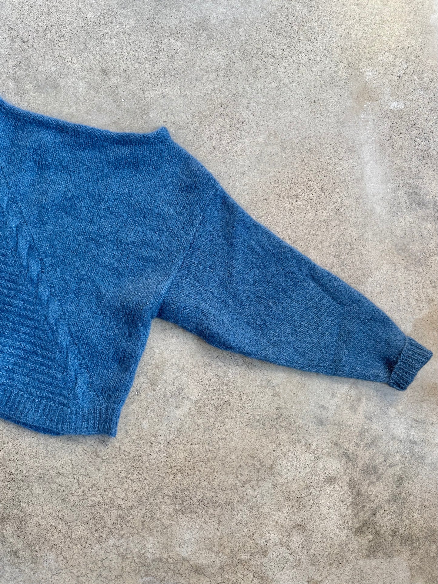 Vintage 1950s Hand-Knit Blue Mohair-Blend Boatneck Sweater | Medium