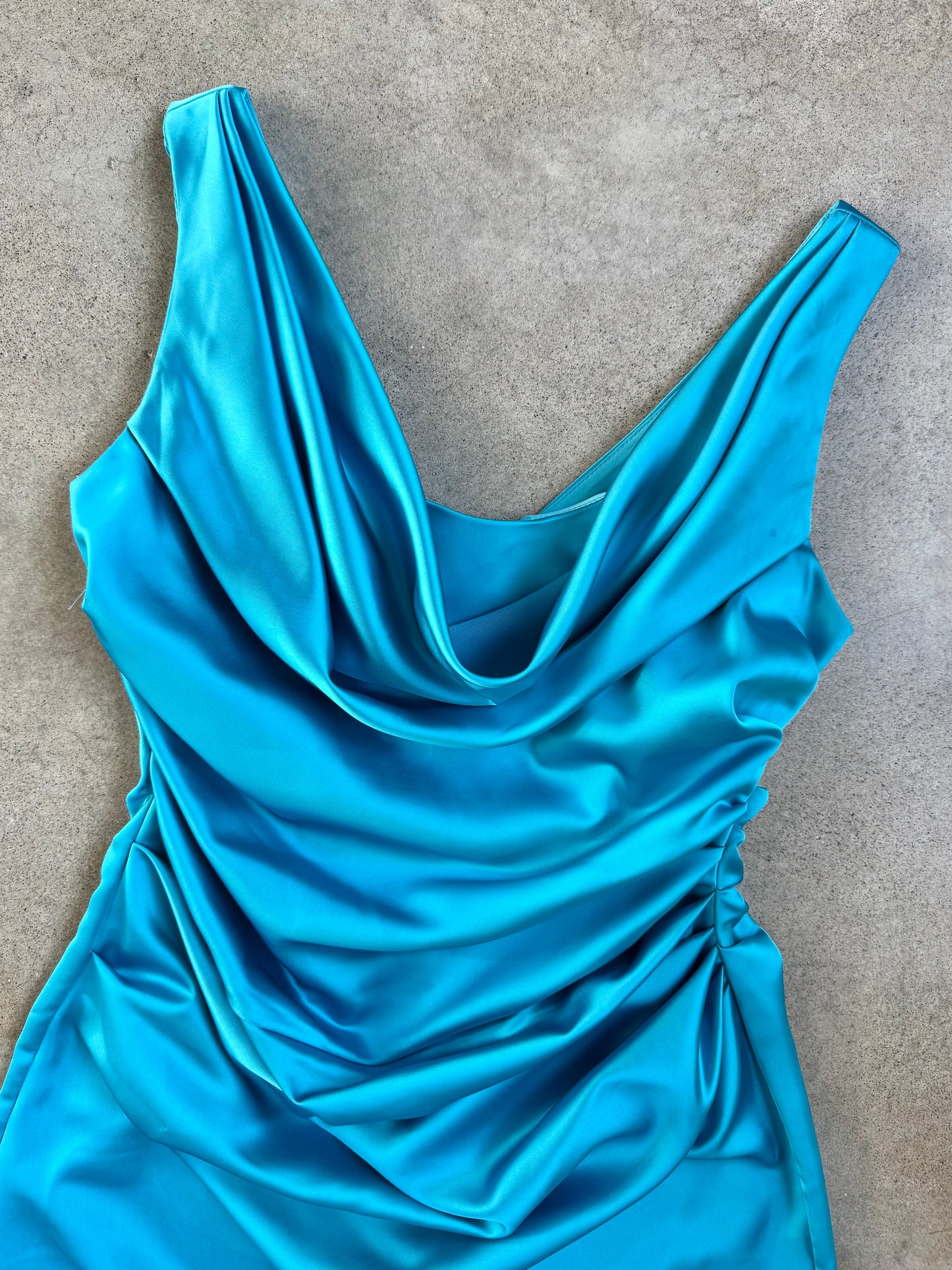 2000s David's Bridal Blue Satin Ruched Formal Mini Dress | Medium