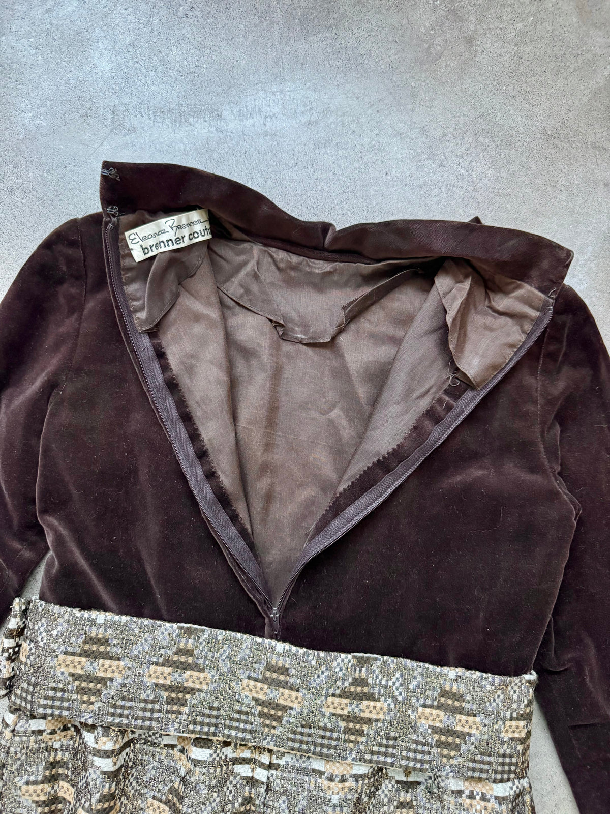 Vintage 1960s Eleanor Brenner Couture Brown Velvet & Gold Jacquard Skirt Long Sleeve Dress | Small