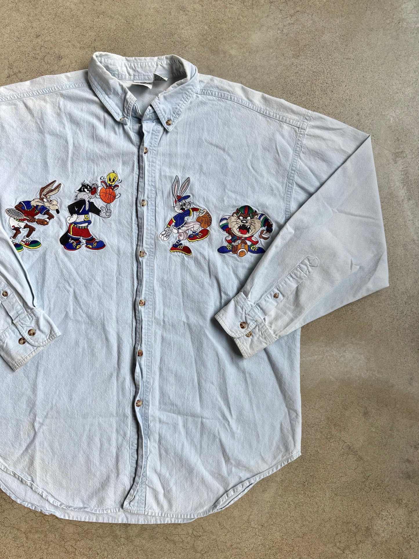 Vintage 1990s ACME Looney Tunes Embroidered Denim Shirt | Medium
