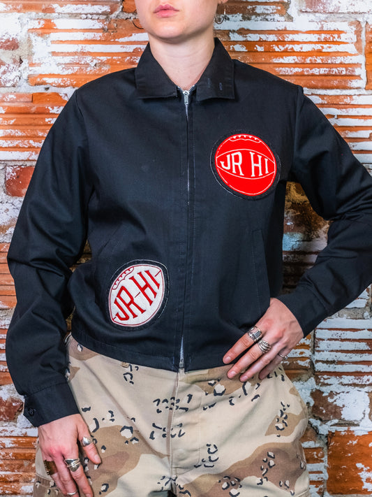 Vintage 1960s/70s Black “Jr. Hi” Varsity Patch Zip-Up Jacket | Small