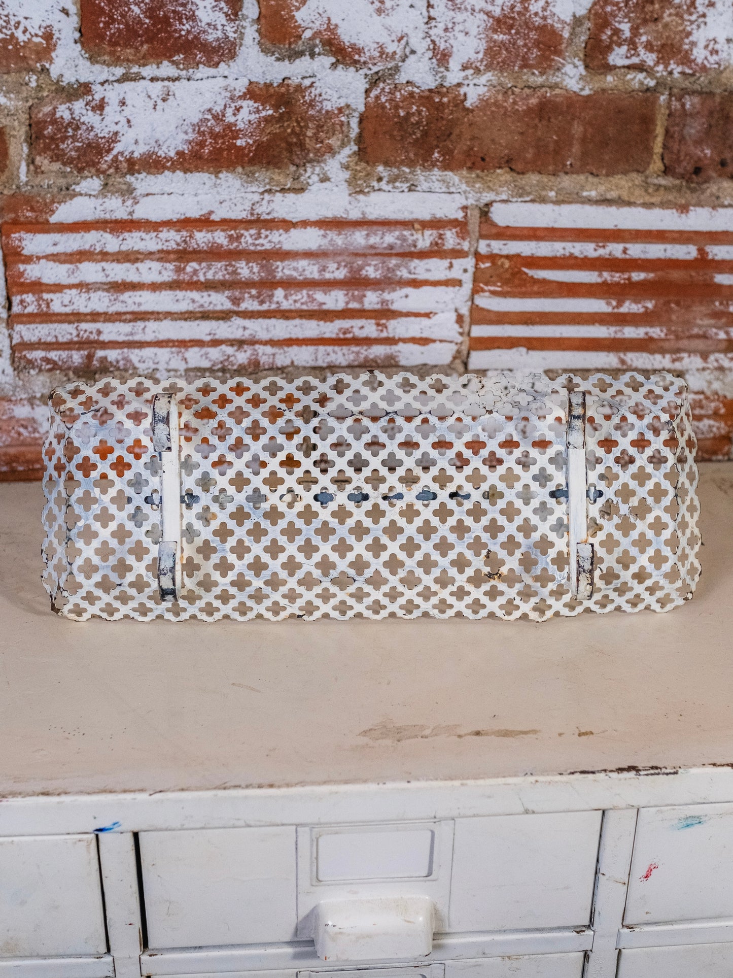 Vintage White Painted Metal Cutwork Candle Holder Centerpiece