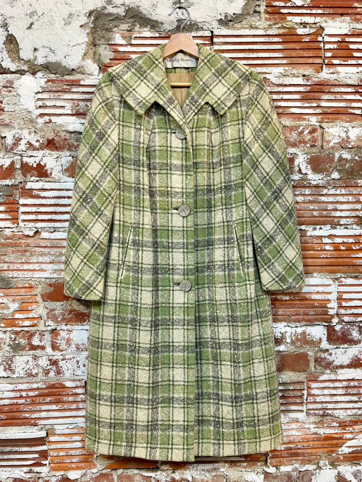 Vintage 1960s Betty Rose Green Plaid Wool Tweed Overcoat | S/M