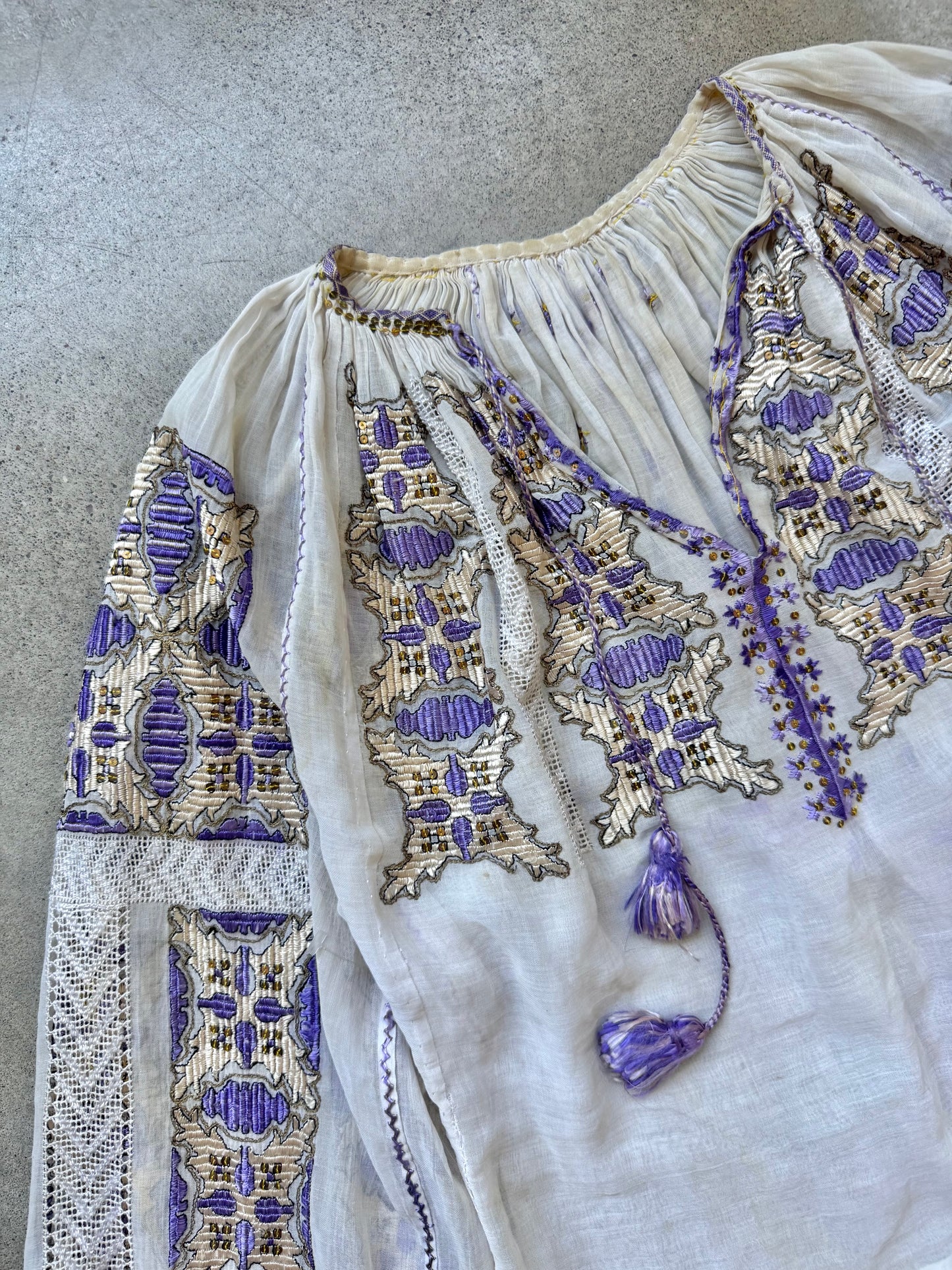 Vintage Romanian Folk Embroidered Gauze Peasant Blouse | Small