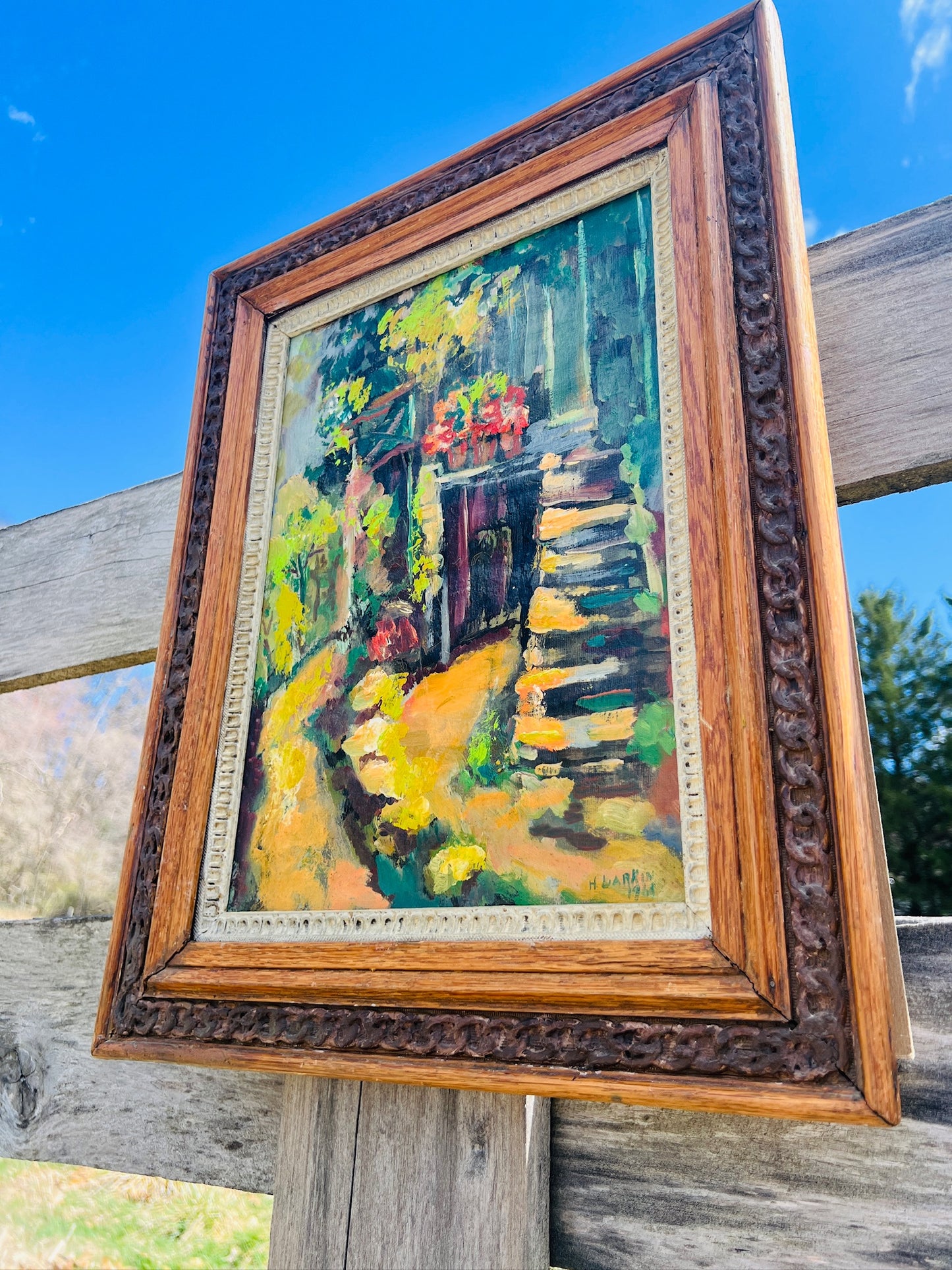 Antique Framed Abstract Landscape Oil on Canvas Painting