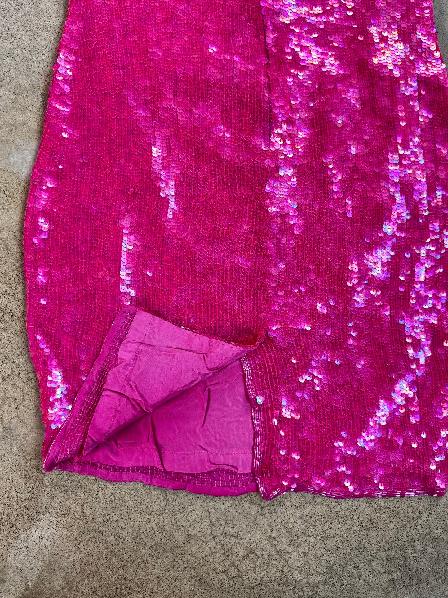 Vintage 1990s Modi Hot Pink Sequined 100% Silk Dress | Small