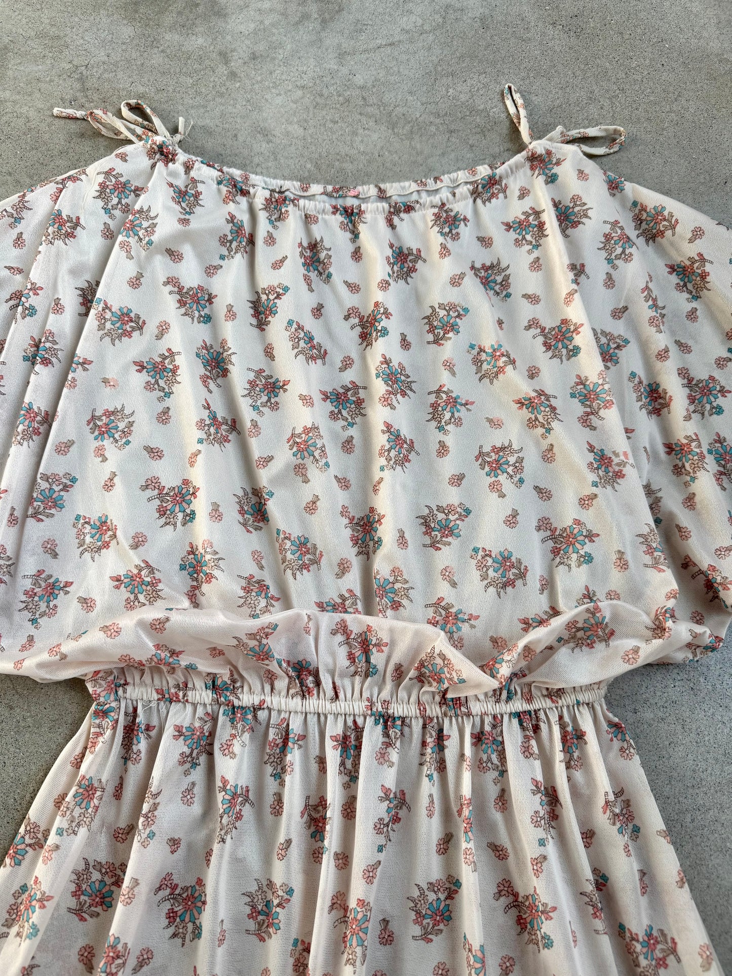Vintage 1970s Cream Floral Print Puff Sleeve Sheer Midi Dress | Medium