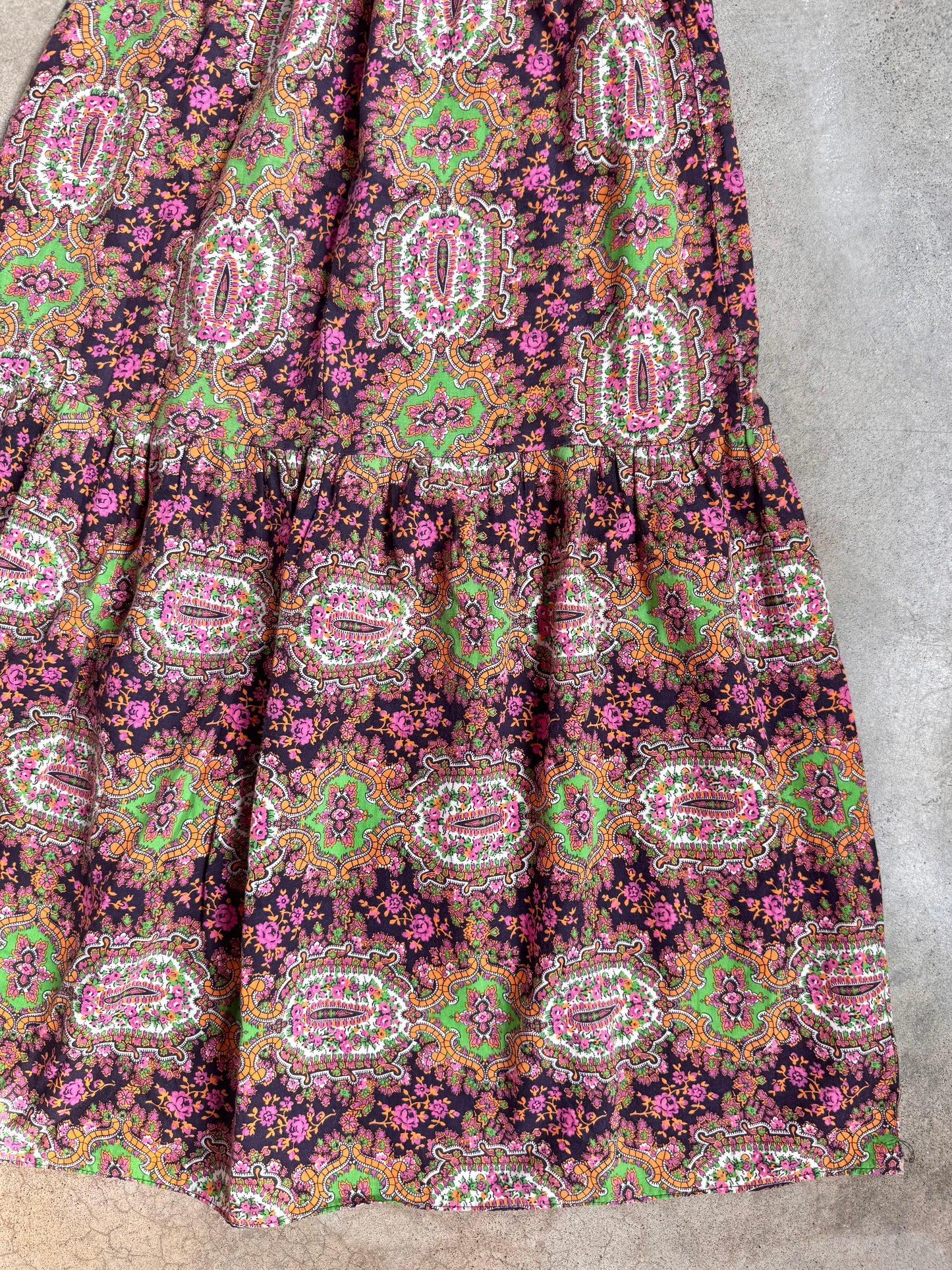 Vintage 1960s Orbit Ladybird Psychedelic Floral Off-Shoulder Maxi Dress | Medium
