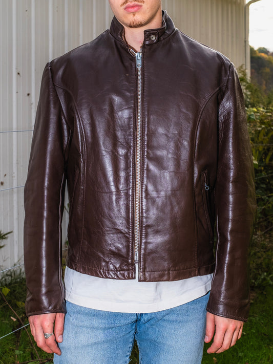 Vintage 1970s Sears The Leather Shop Brown Zip-Up Riding Jacket | 46R