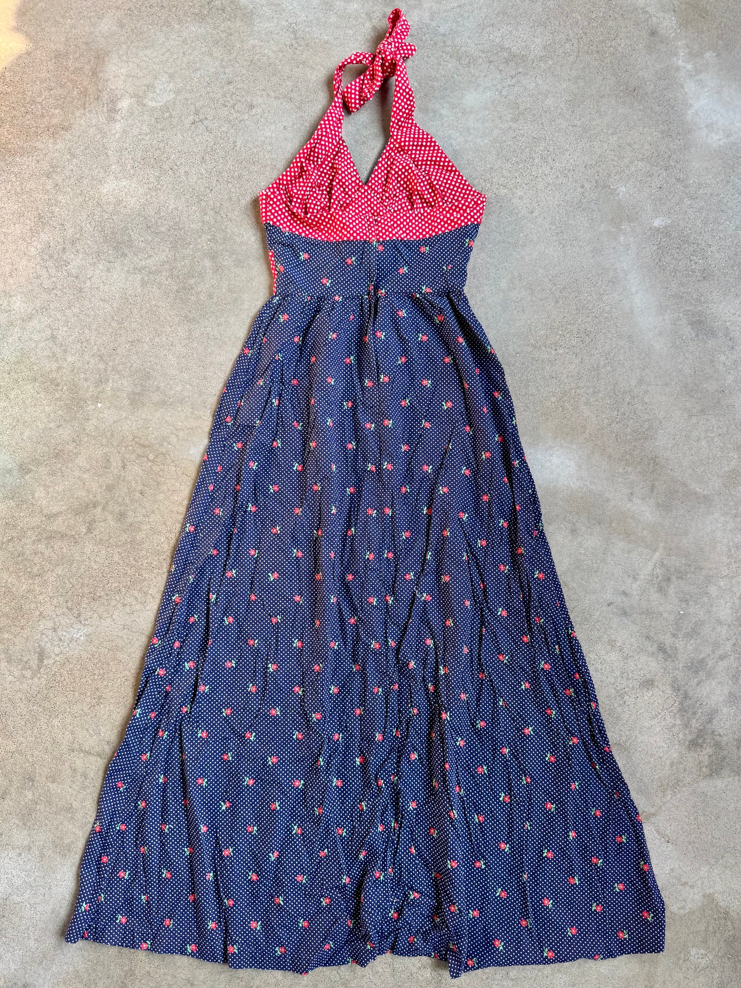 Vintage 1970s Red & Navy Polka Dot Floral Print Halter Maxi Dress | XS/S