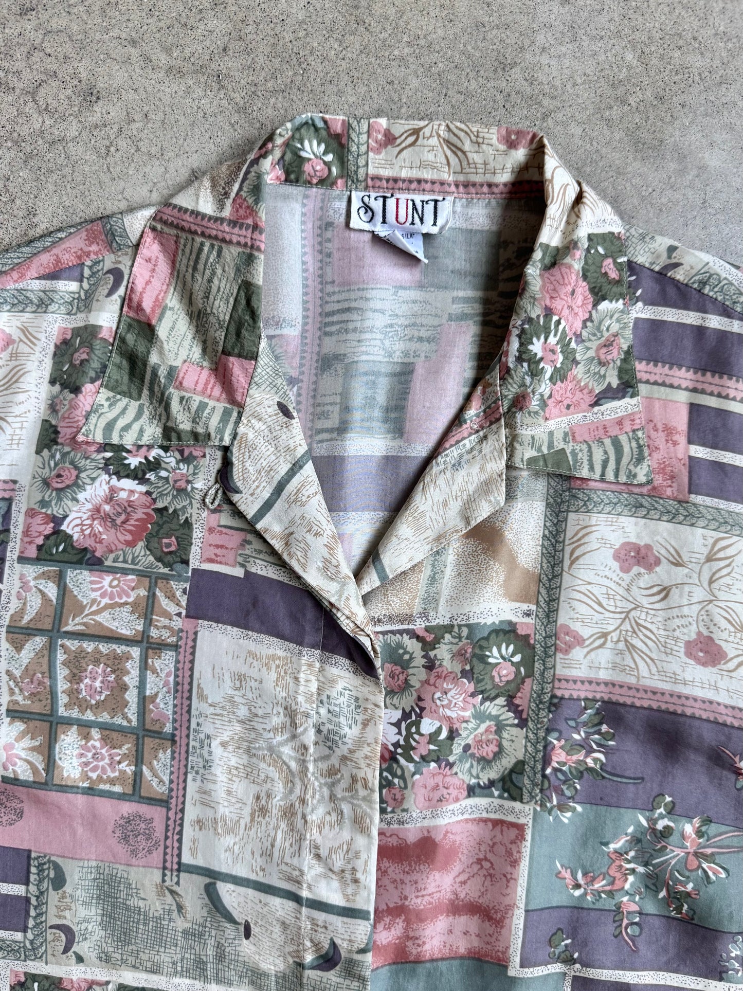 Vintage 1980s Stunt Floral Patchwork Printed Silk Blouse | Medium