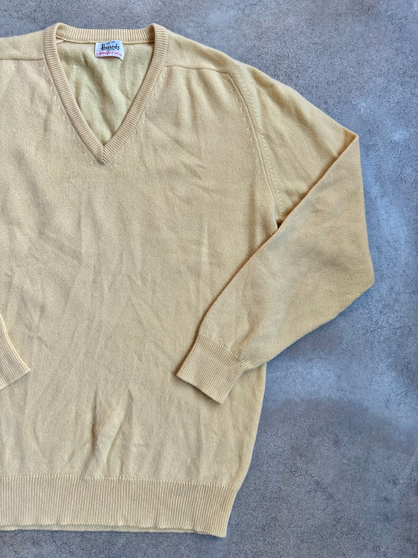 Vintage 1960s Harrods by Pringle Scotland Yellow 100% Cashmere V-Neck Sweater | Large
