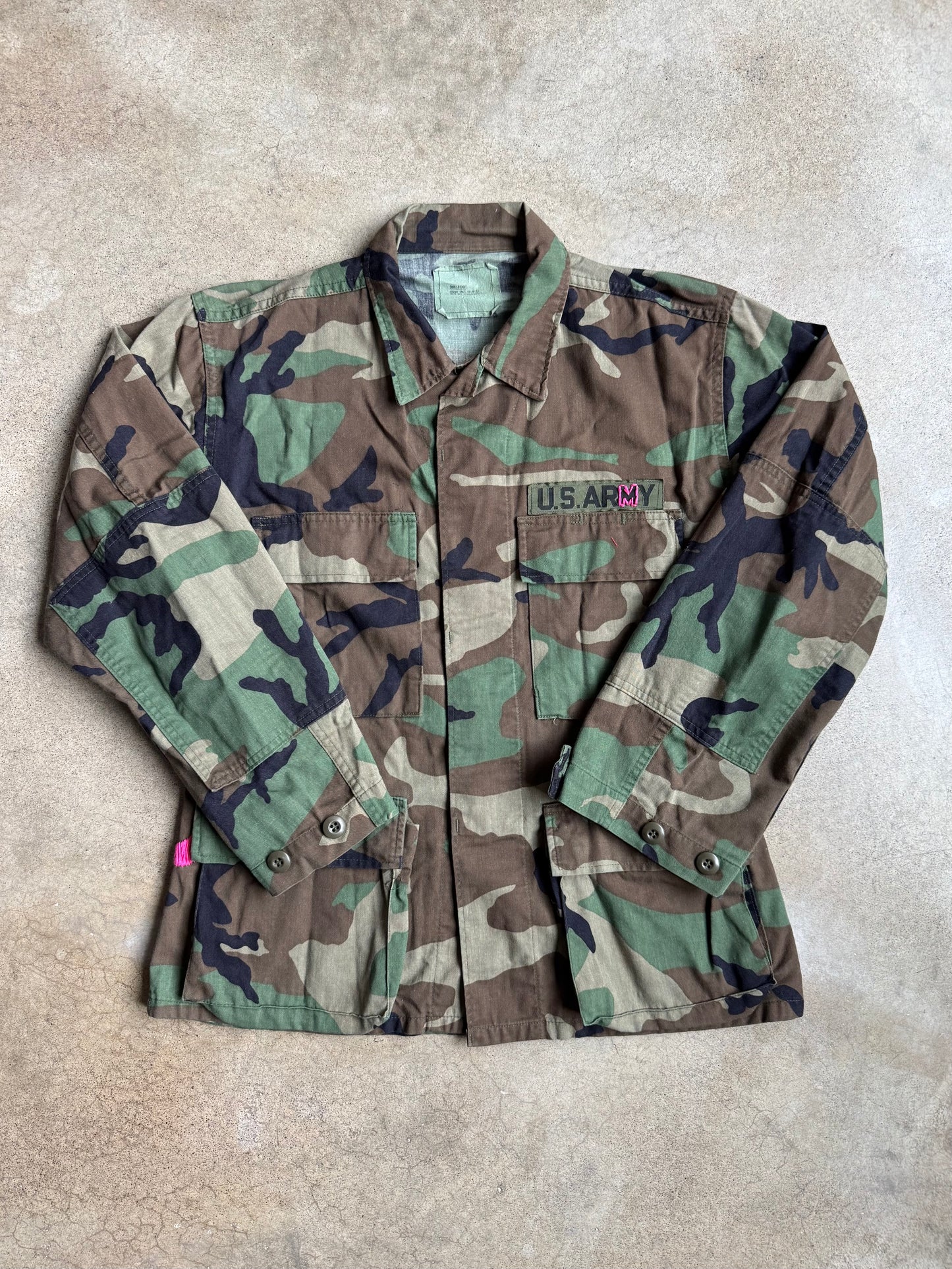 Vintage 1980s Military Issue Woodland Camo BDU Combat Jacket - Embroidered | Small