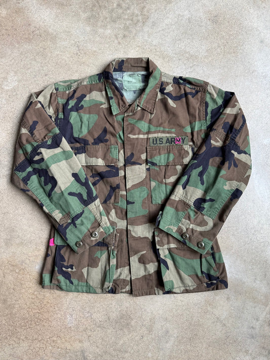 Vintage 1980s Military Issue Woodland Camo BDU Combat Jacket - Embroidered | Small