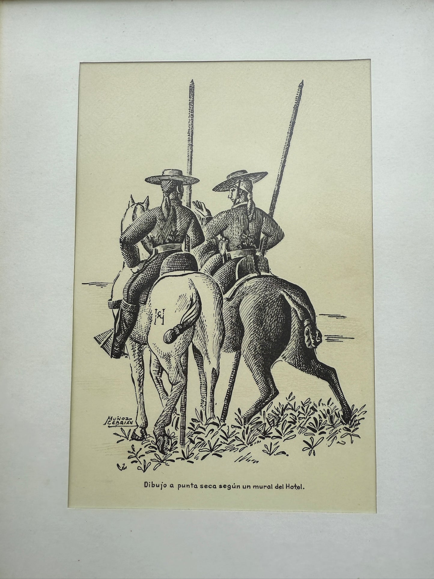 Vintage 1960s Framed Mexico Muñoz Cebrian “Men On Horses” Print Artwork