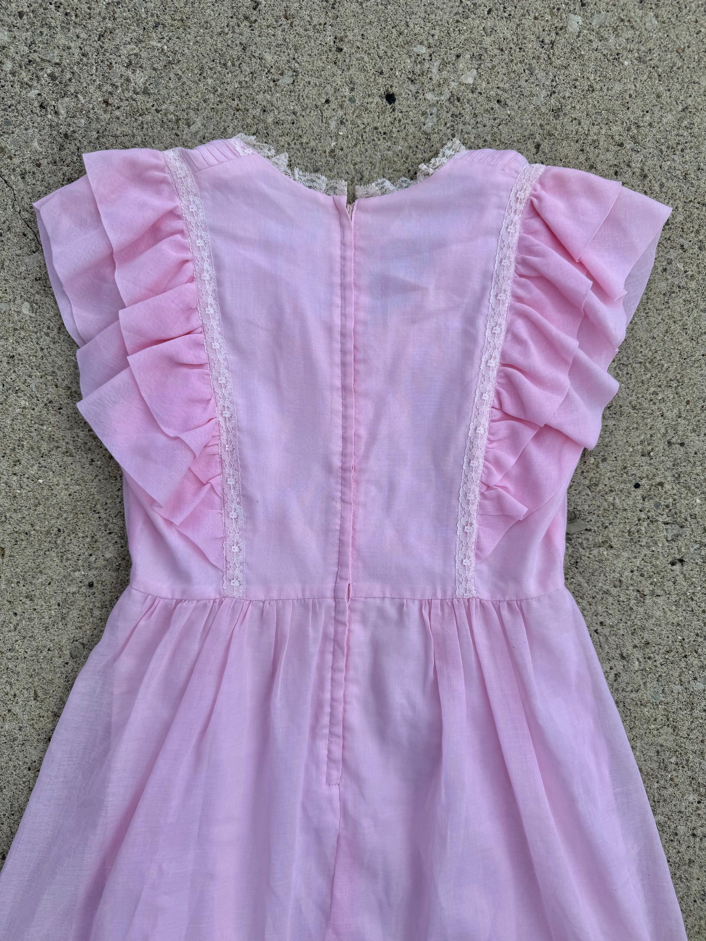 Vintage 1970s Candi Jones California Baby Pink Lace Frilled Babydoll Dress | Medium
