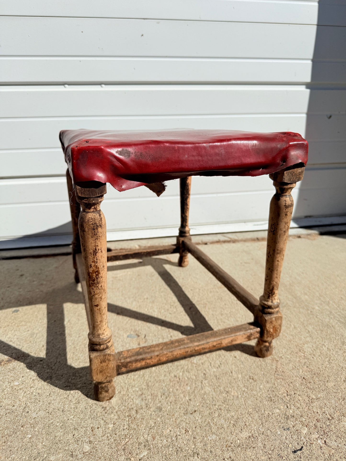 Antique French-Style Rustic Turned Leg Upholstered Footstool