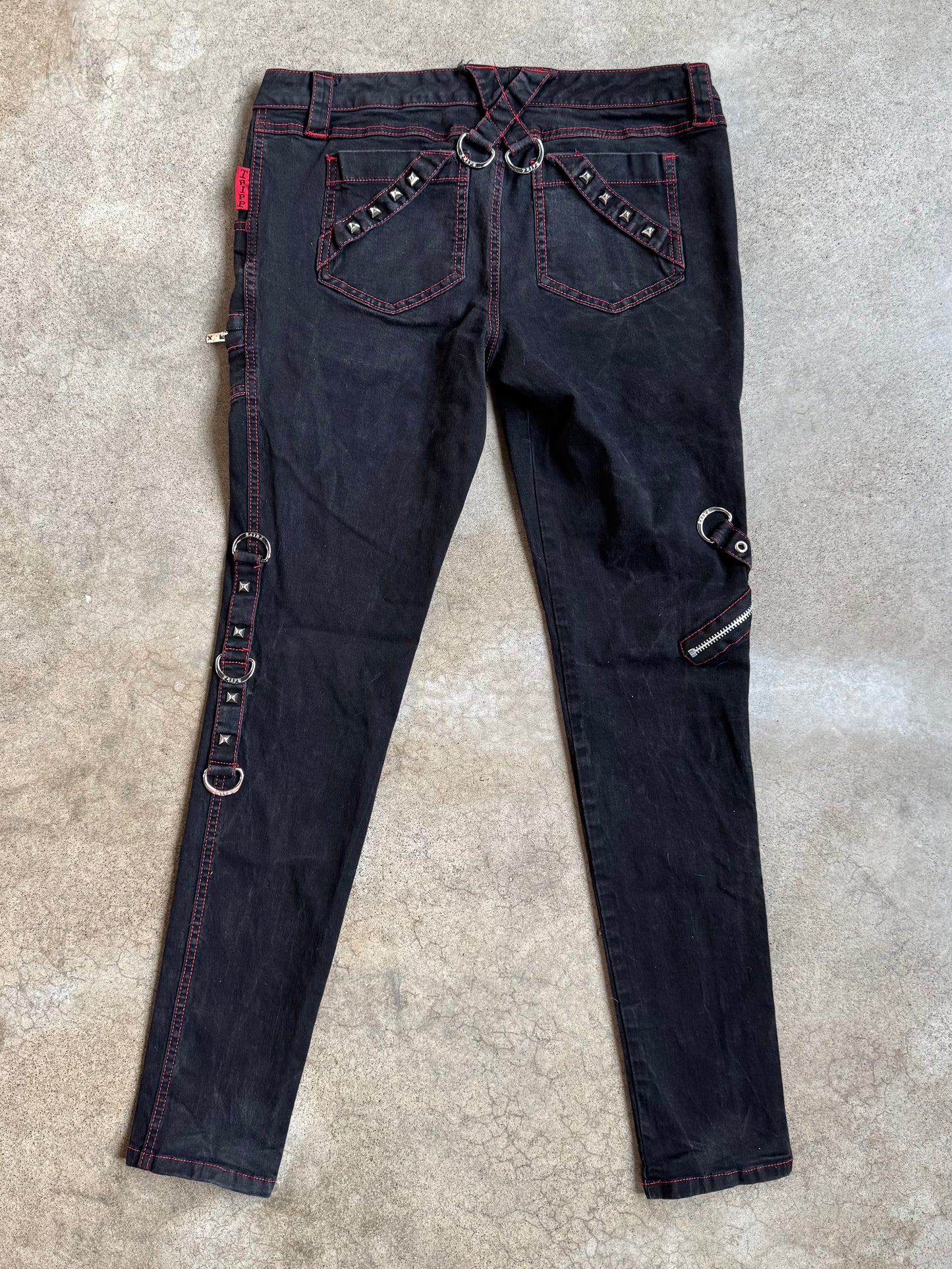2000s Tripp NYC Black & Red Stitch Studded D-Ring Skinny Jeans | Medium