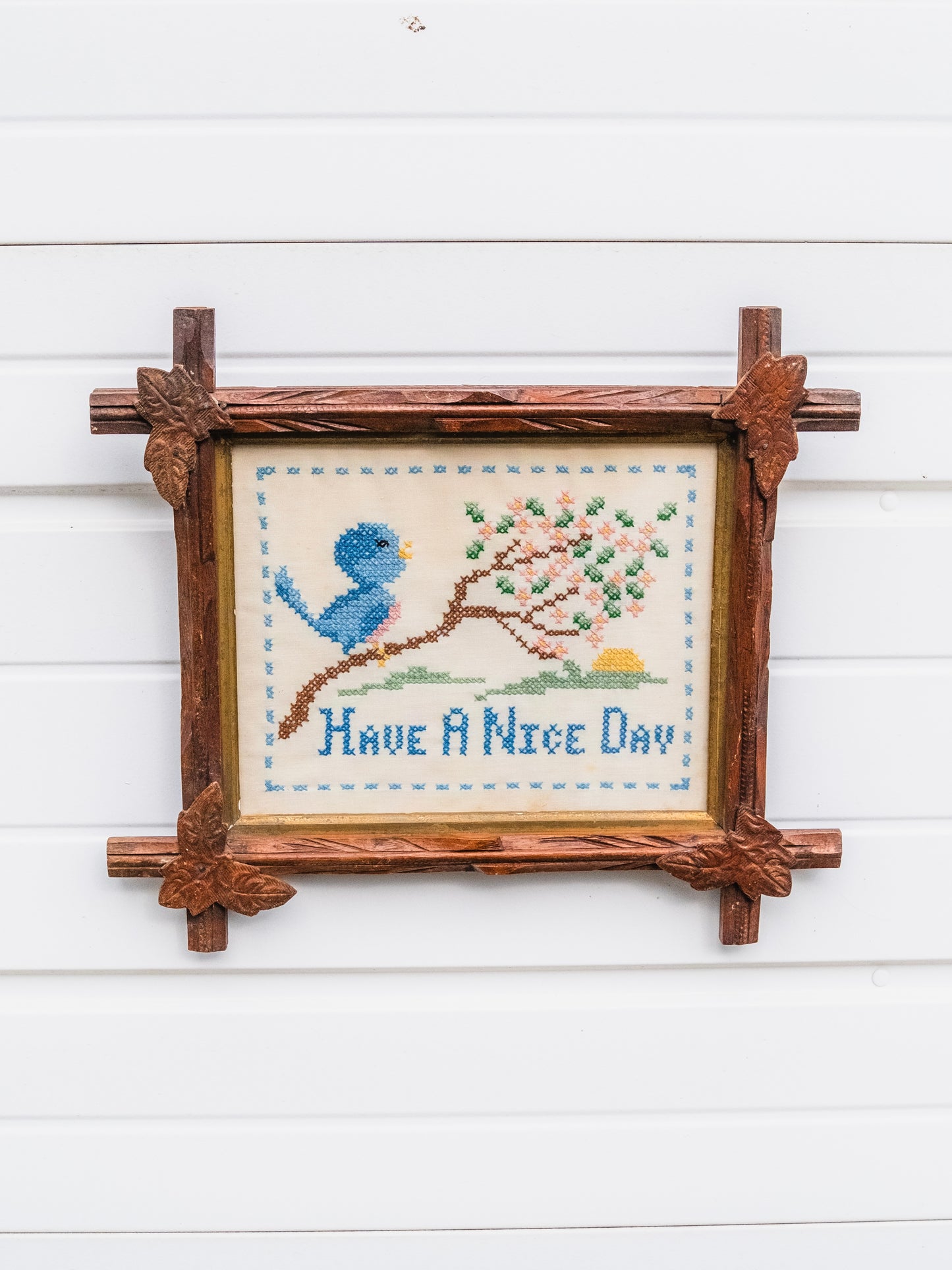 Vintage 1950s Oak Leaf Framed "Have a Nice Day" Blue Bird Cross Stitch Artwork