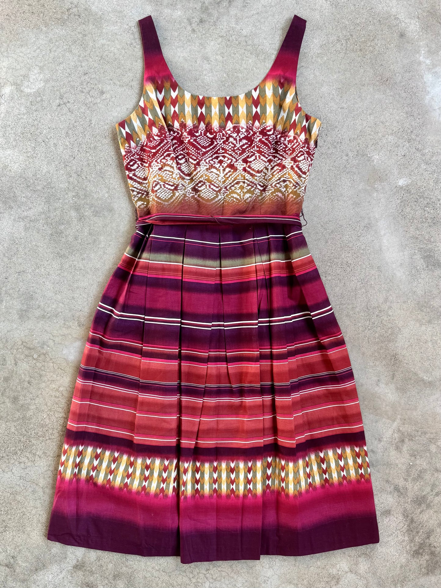 2000s K Studio Southwestern Tie-Waist Pleated Cotton Dress | M/L