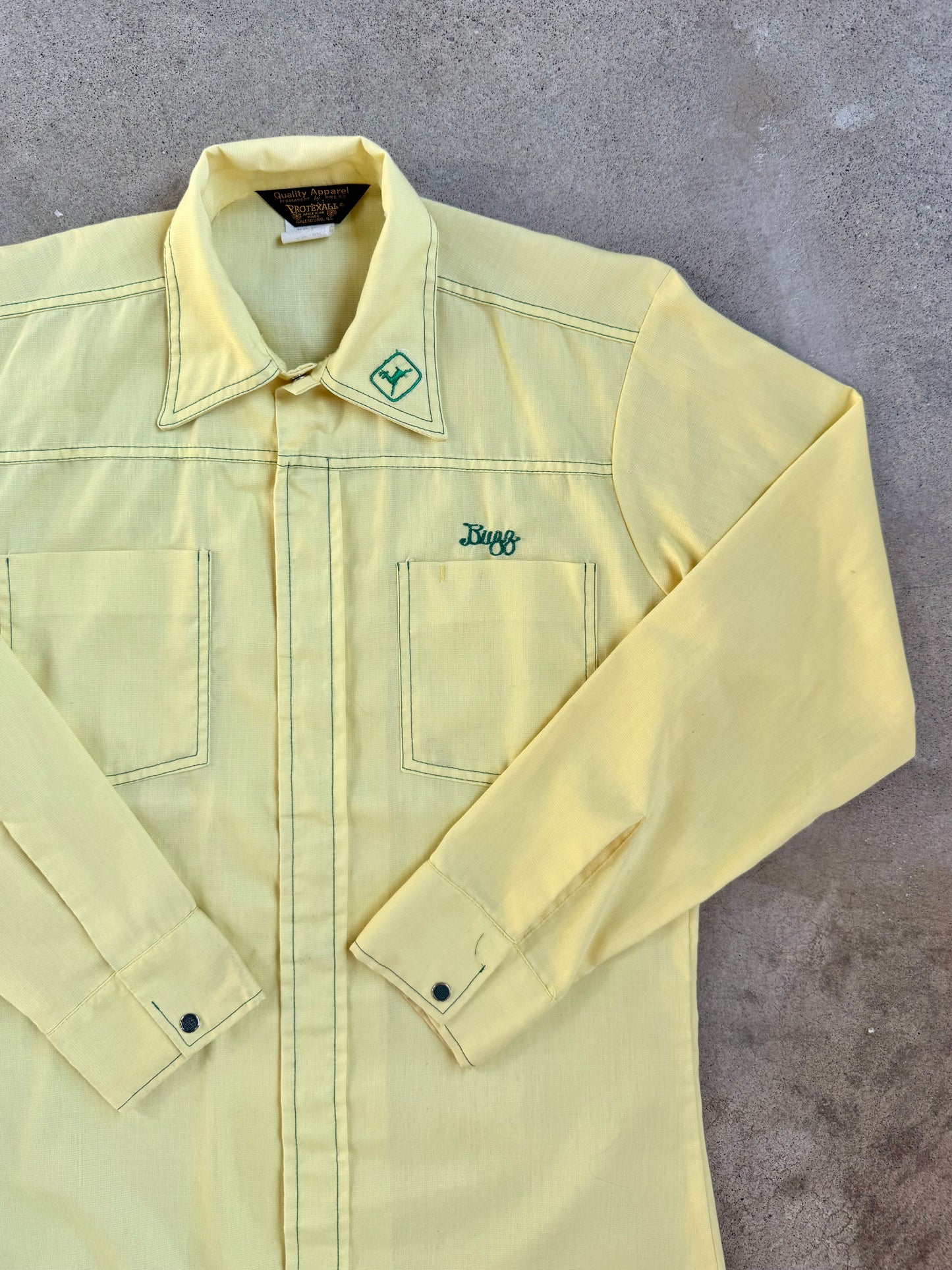 Vintage 1970s Yellow & Green "Buzz" Embroidered John Deere Button-Up Shirt | Small