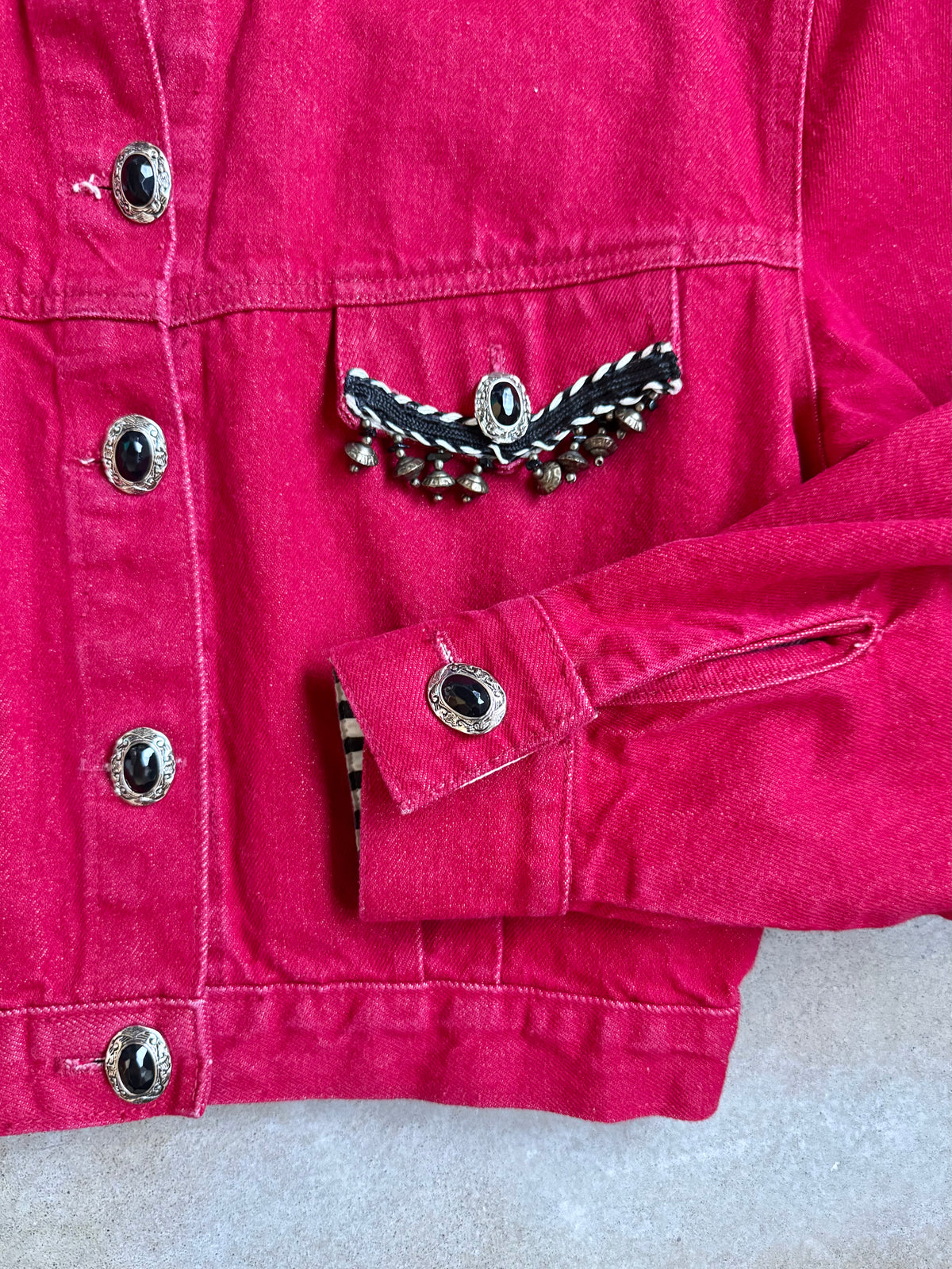 Vintage 1980s Caché Beaded Red Cropped Denim Jacket | Medium