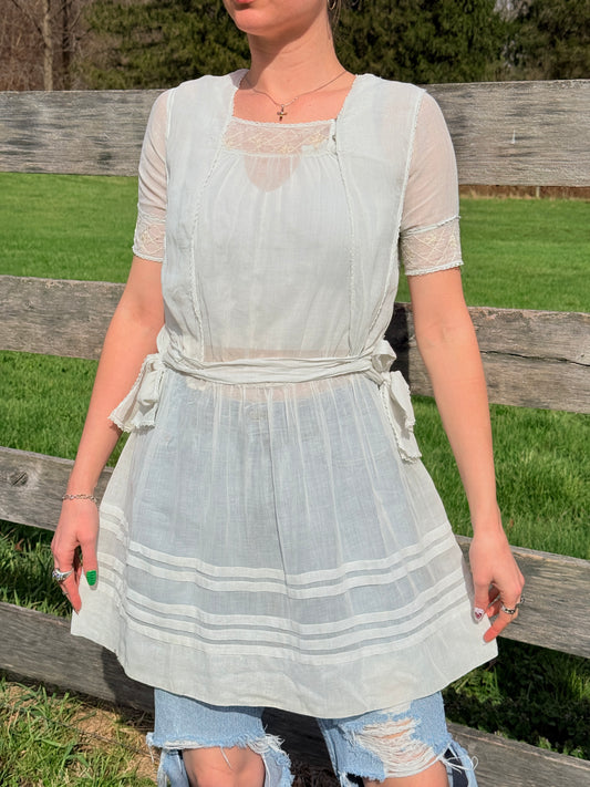 Antique 1900s Edwardian White Voile Embroidered Chore Dress | Small