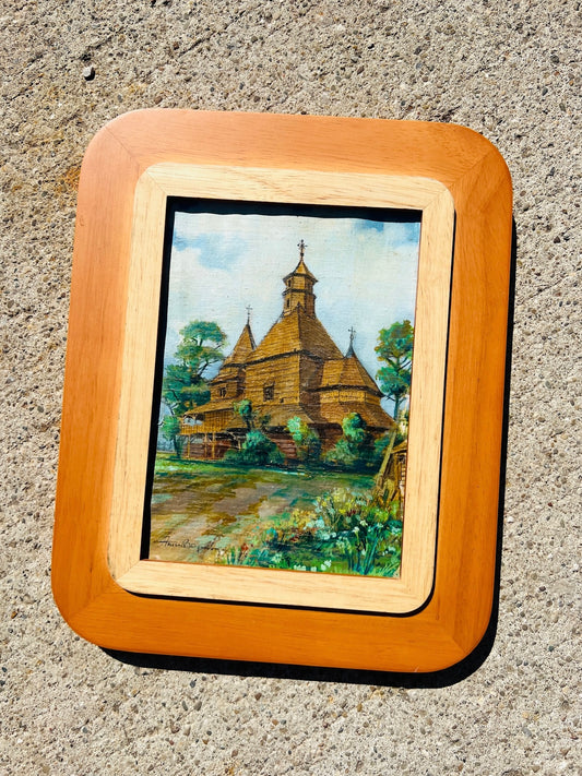 Framed Oil on Canvas Russian Folk Art Church Painting