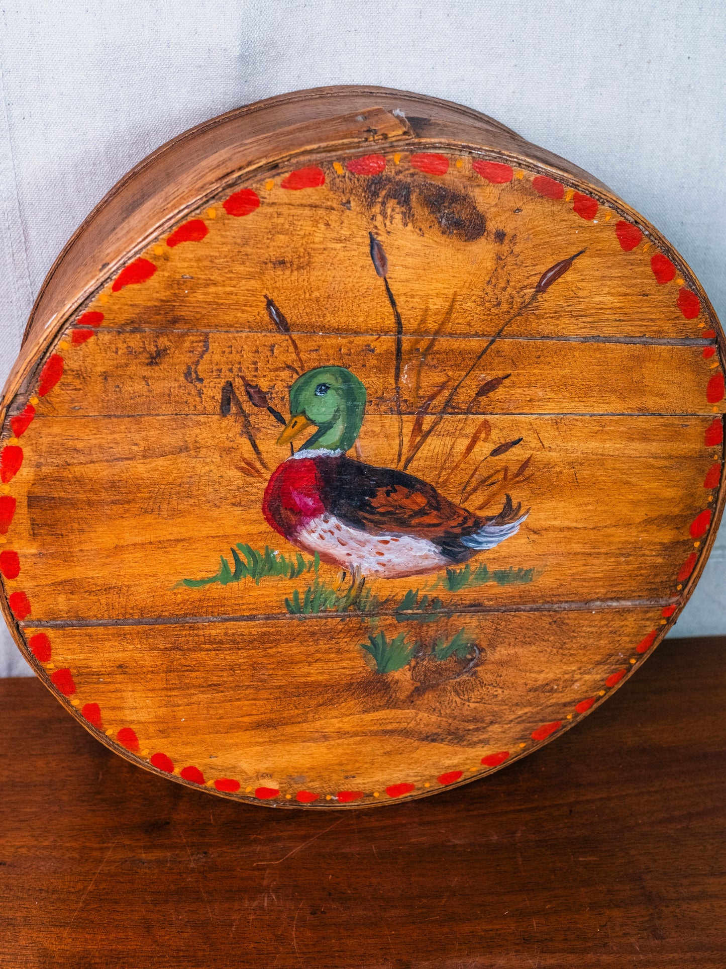 Vintage Dufeck Wood Co. Hand-Painted Duck Bentwood Round Cheese Box