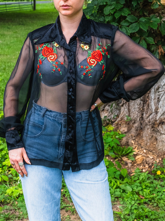 Vintage 1970s/80s Montgomery Ward Black Sheer Floral Embroidered Blouse | L/XL