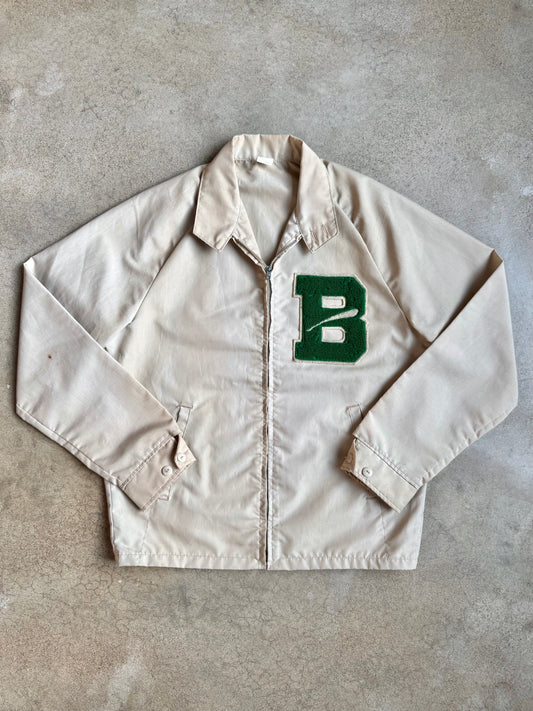 Vintage 1960s Beige Varsity "B" Patch Zip-Up Jacket | Medium