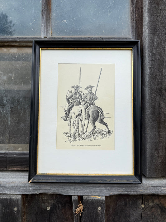 Vintage 1960s Framed Mexico Muñoz Cebrian “Men On Horses” Print Artwork