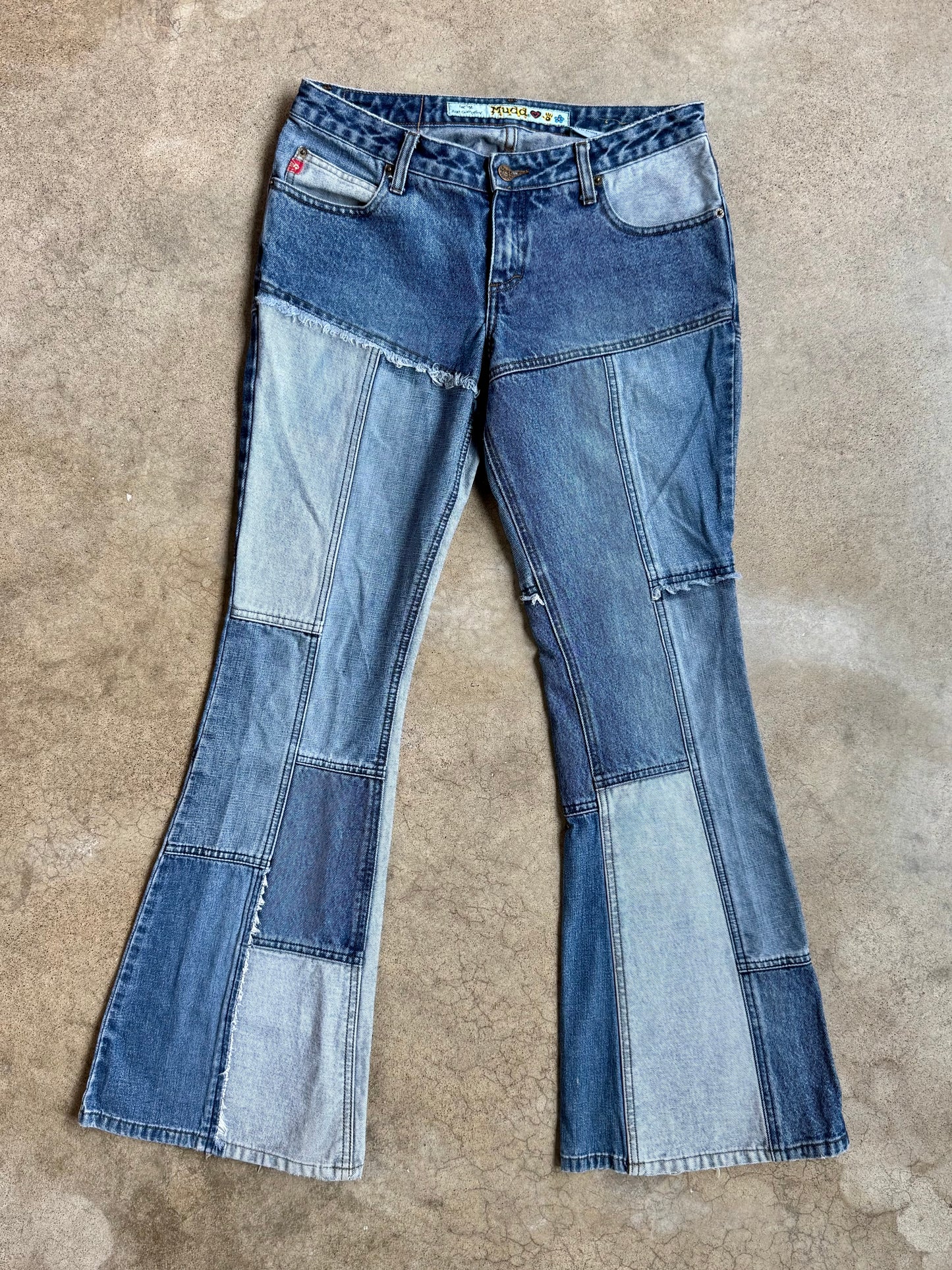 2000s Mudd Denim Patchwork Low-Rise Flare Jeans | S/M