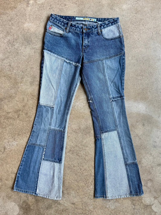 2000s Mudd Denim Patchwork Low-Rise Flare Jeans | S/M