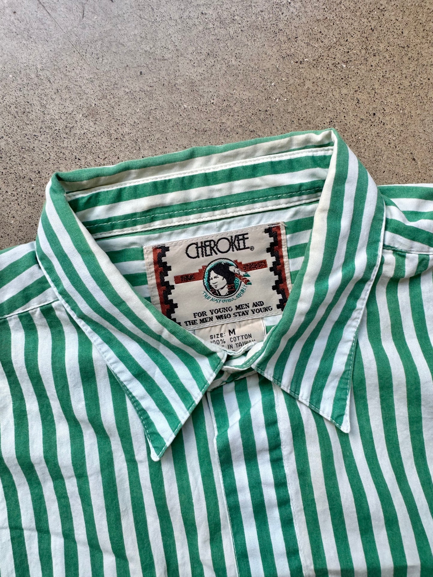 Vintage 1980s Cherokee Green & White Striped Utility Shirt | Medium