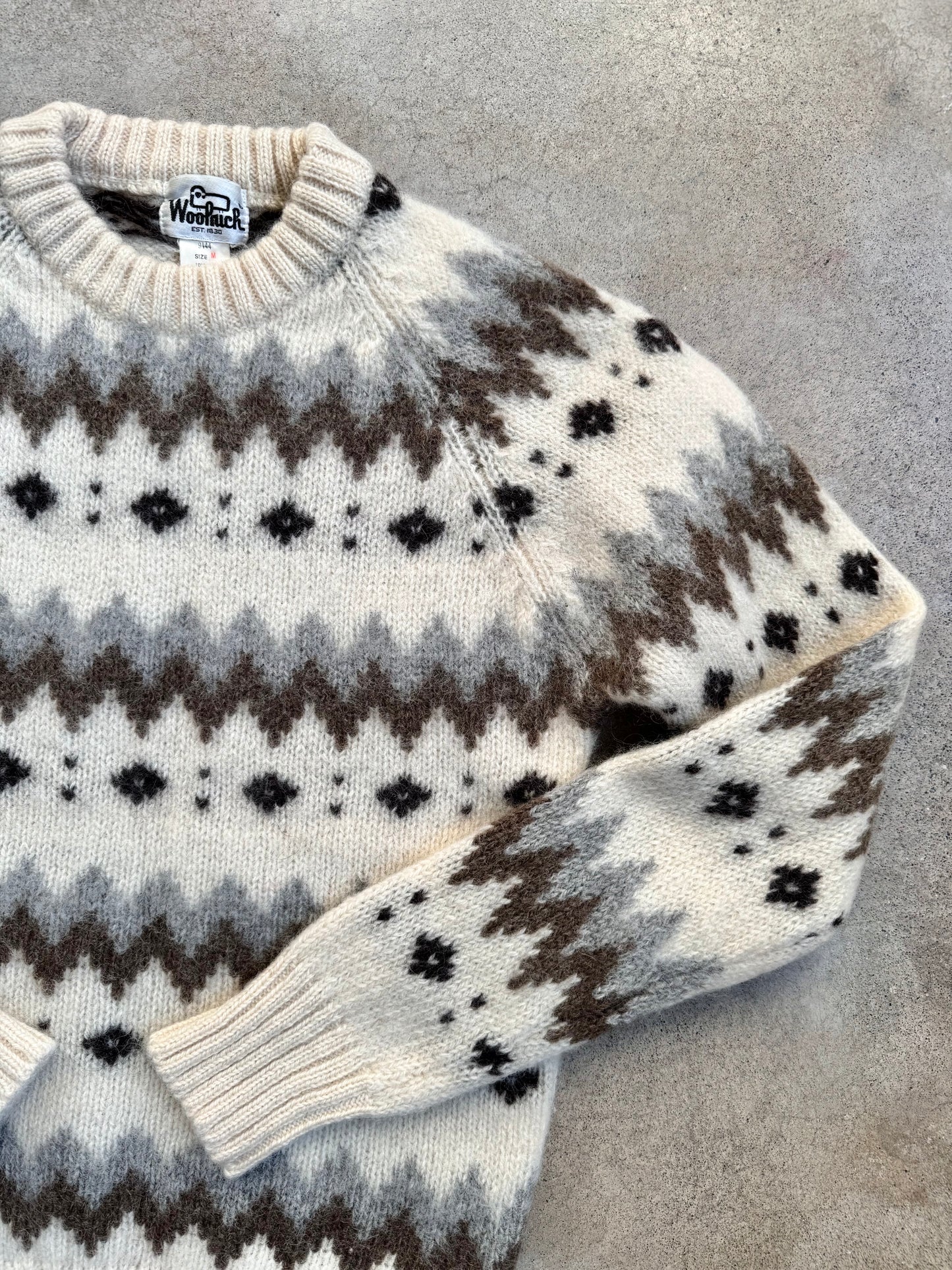 Vintage 1980s Woolrich Neutral Fair Isle Wool Knit Sweater | Medium