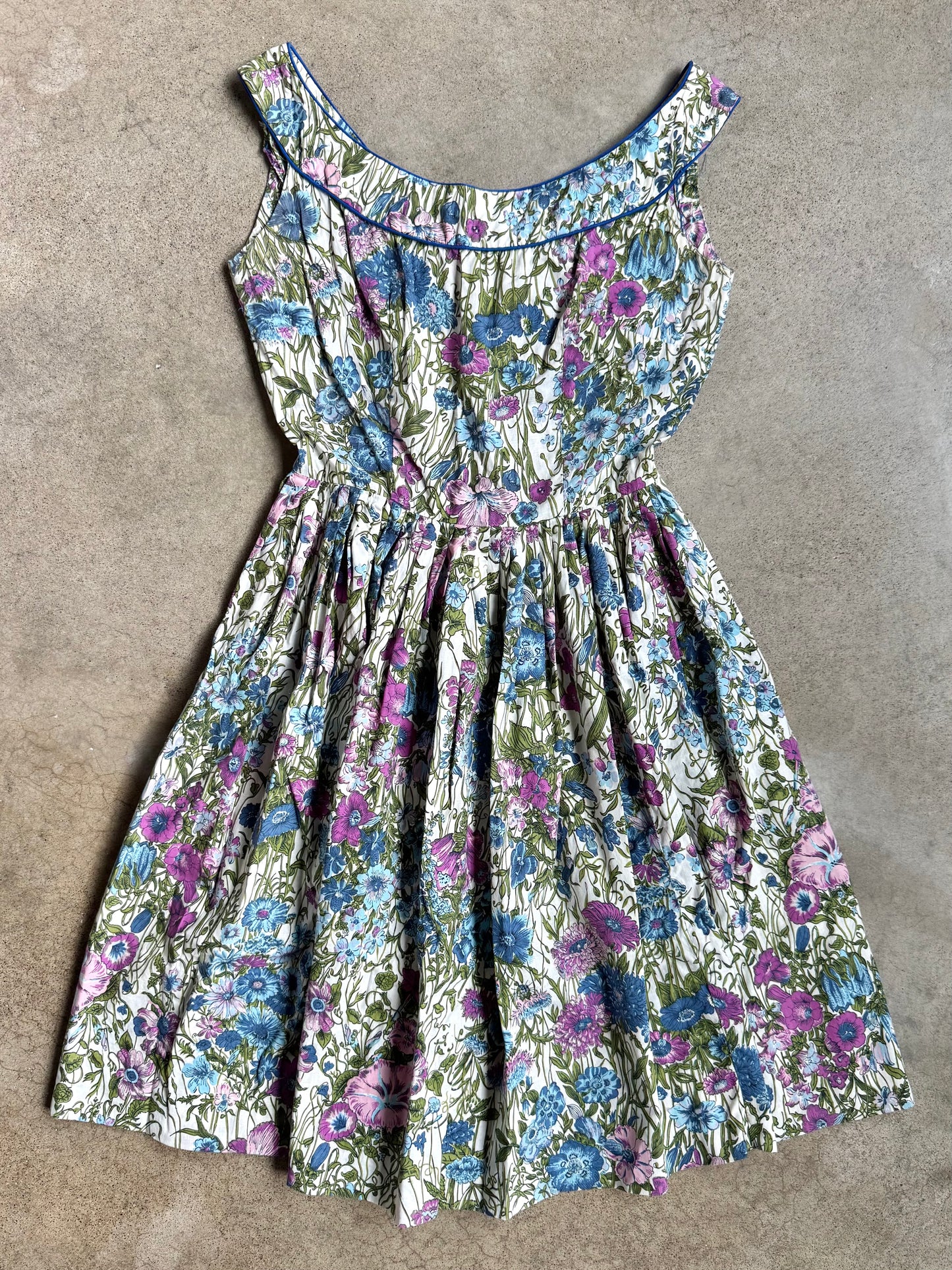 Vintage 1950s Jerry Gilden New York Blue & Purple Floral Pleated Summer Dress | XS