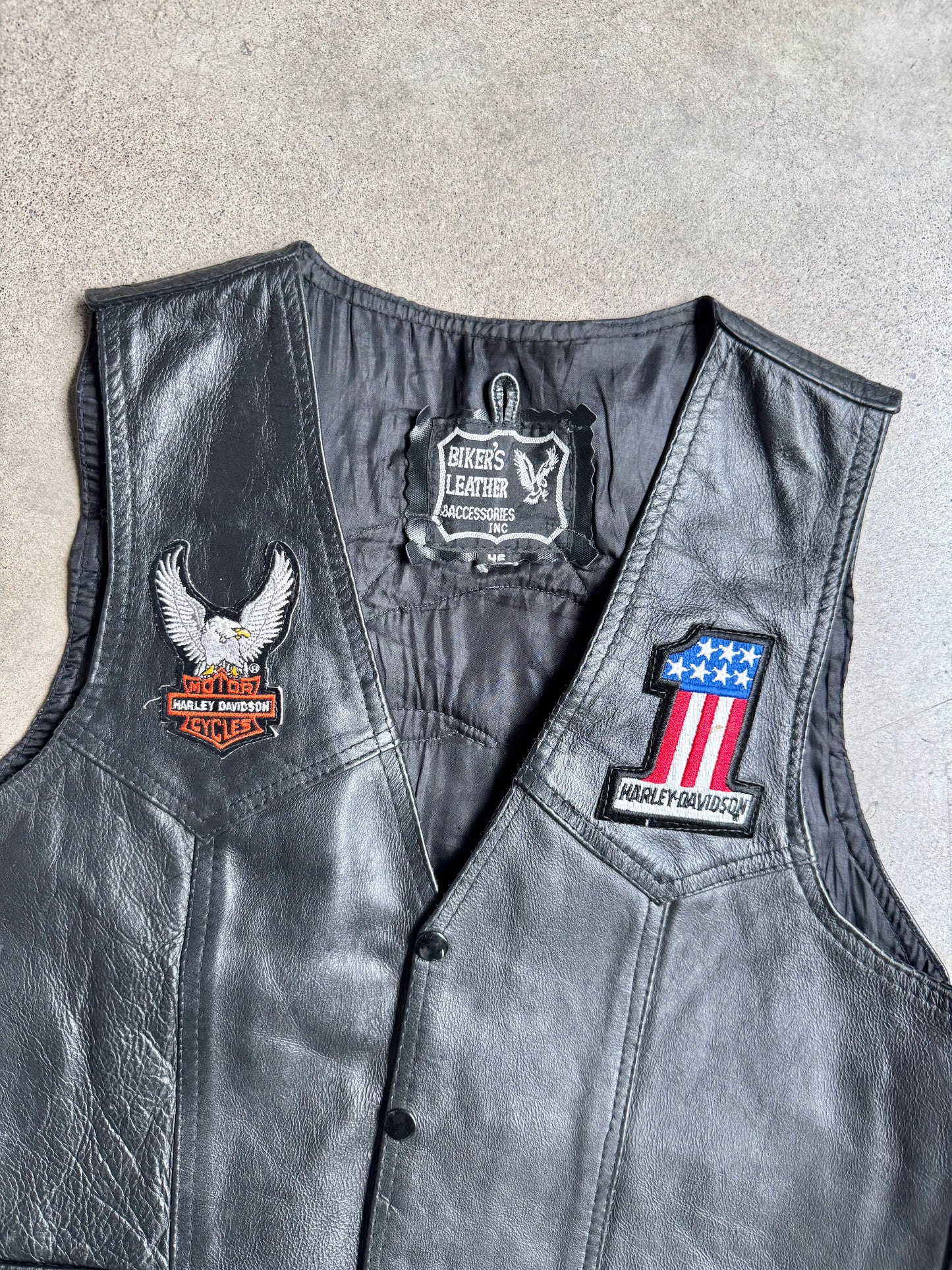 Vintage 1980s Black Leather Harley Davidson Patched Riding Vest | 46