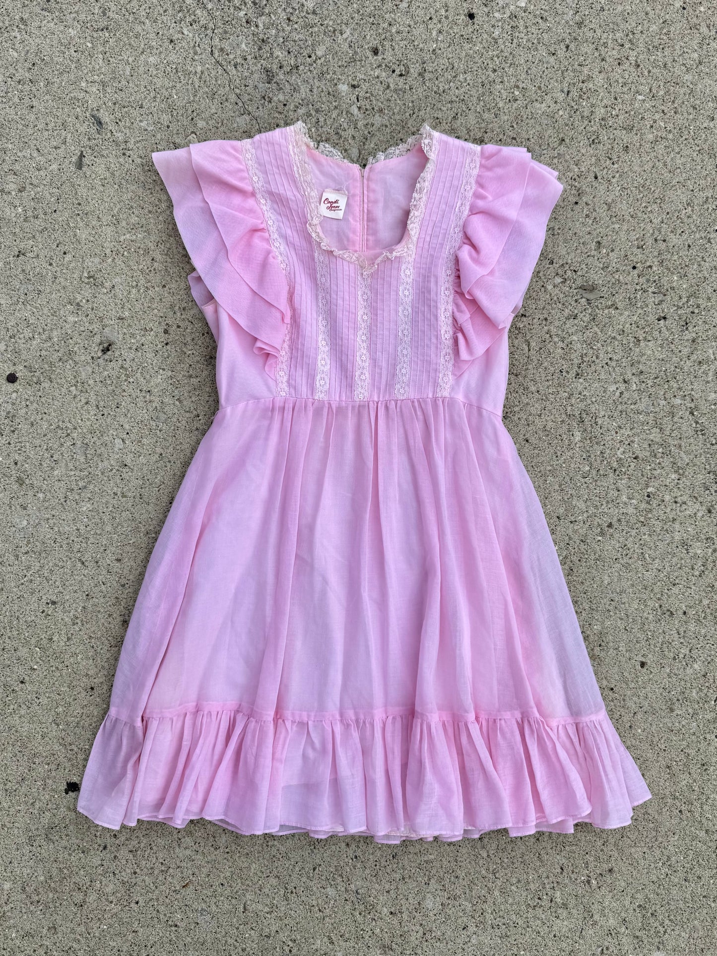 Vintage 1970s Candi Jones California Baby Pink Lace Frilled Babydoll Dress | Medium