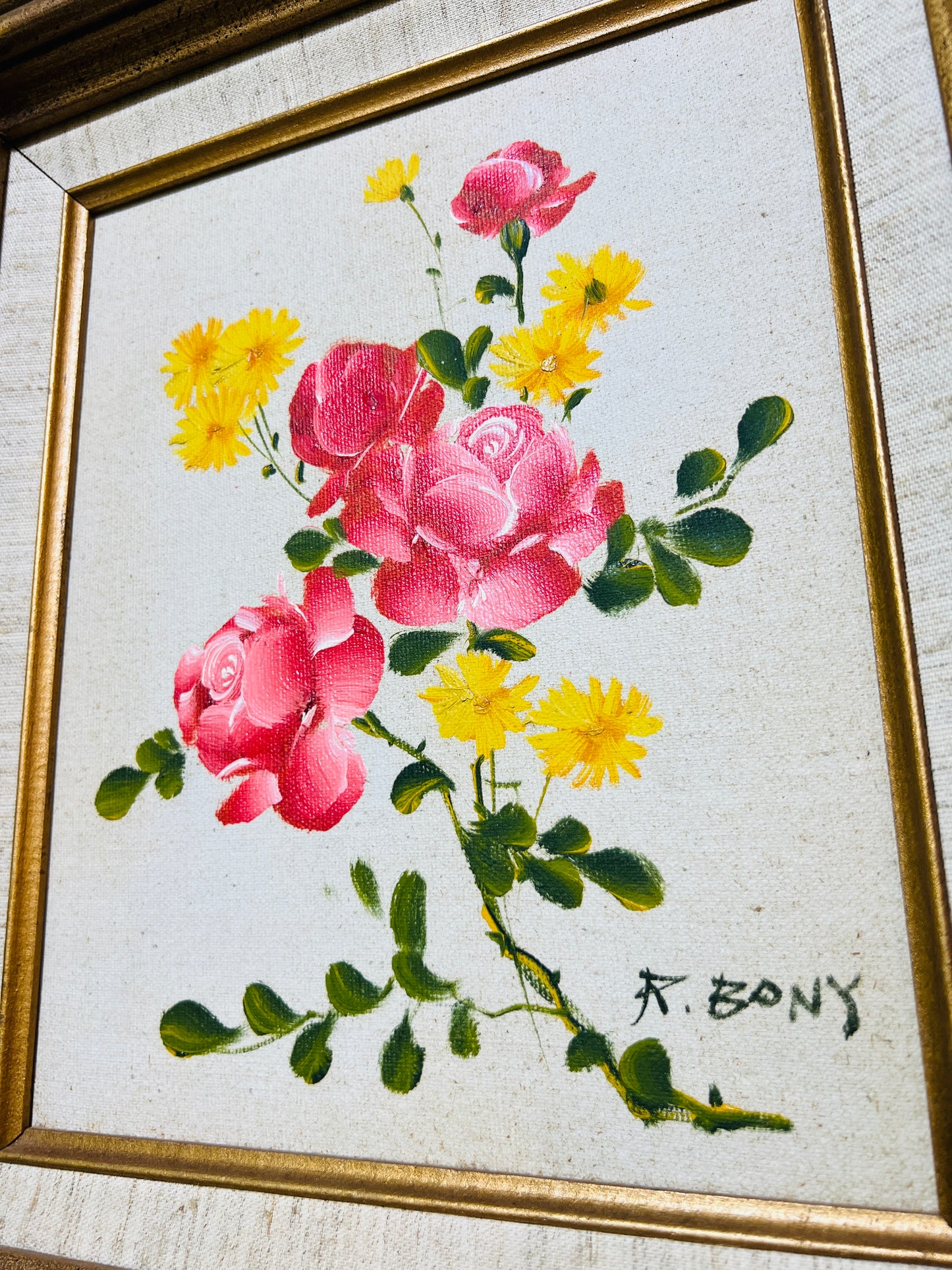 Vintage 1960s Floral Canvas Framed Oil Painting