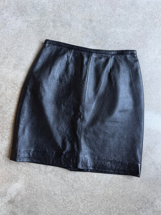 Vintage 1990s Mixit Black Leather Mini Skirt | Waist 30”