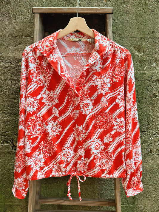 Vintage 1970s Andrew St. John Red Floral Polyester Disco Shirt