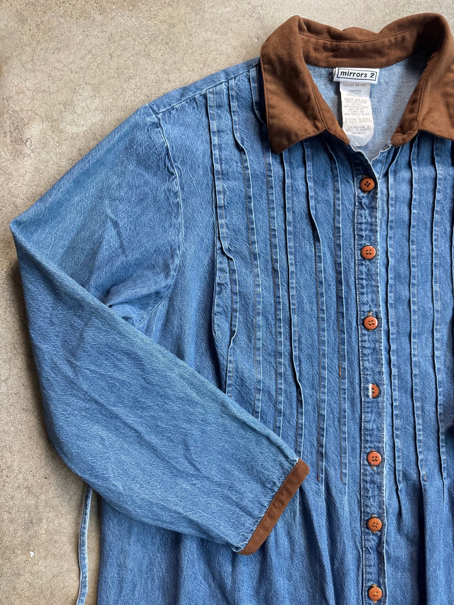 Vintage 1990s Mirrors 2 Faux Suede Collar Denim Tie-Back Maxi Dress | XL